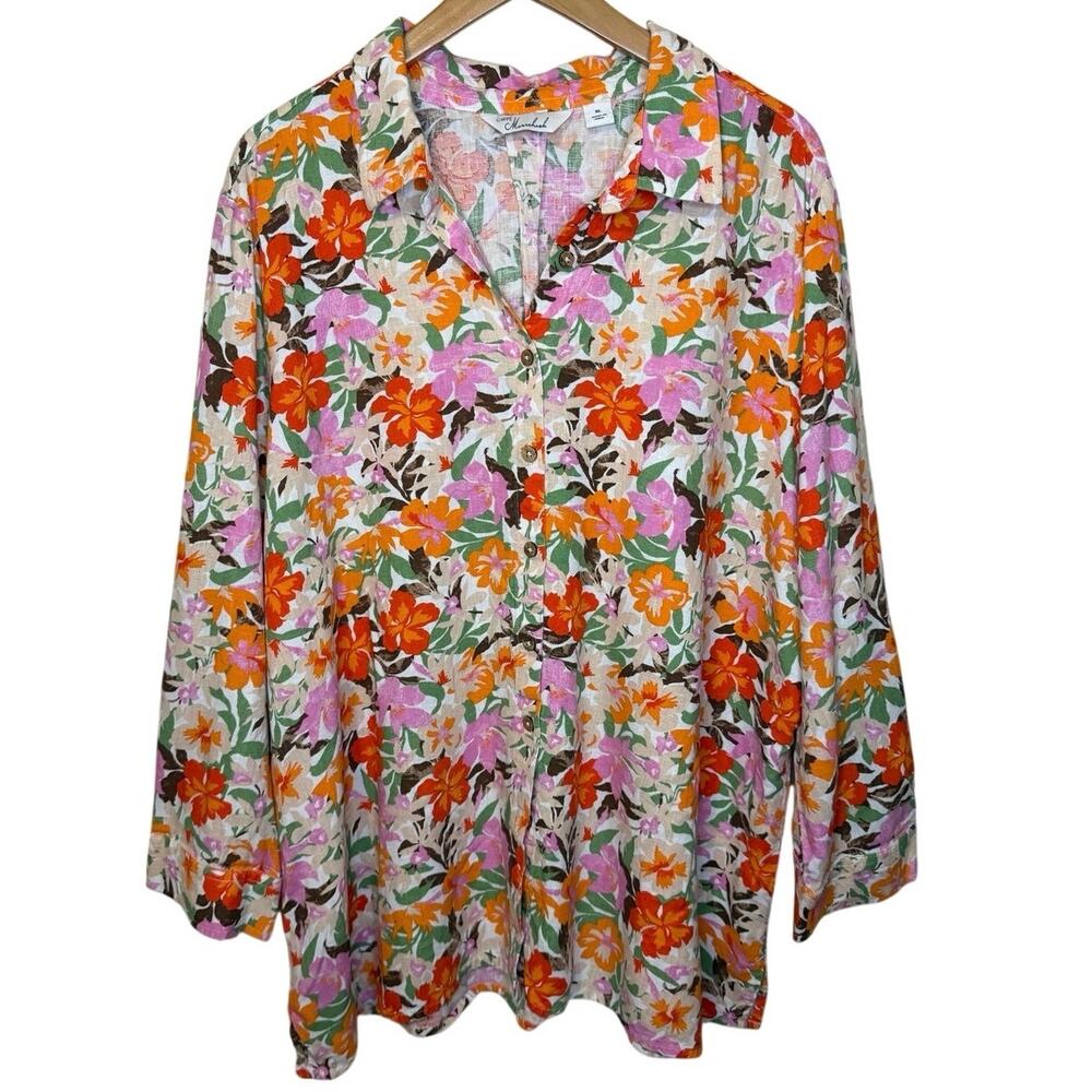 Cafe Marrakesh Multicolor Floral Cottage Core Roll Tab Sleeve Button Up Top XL